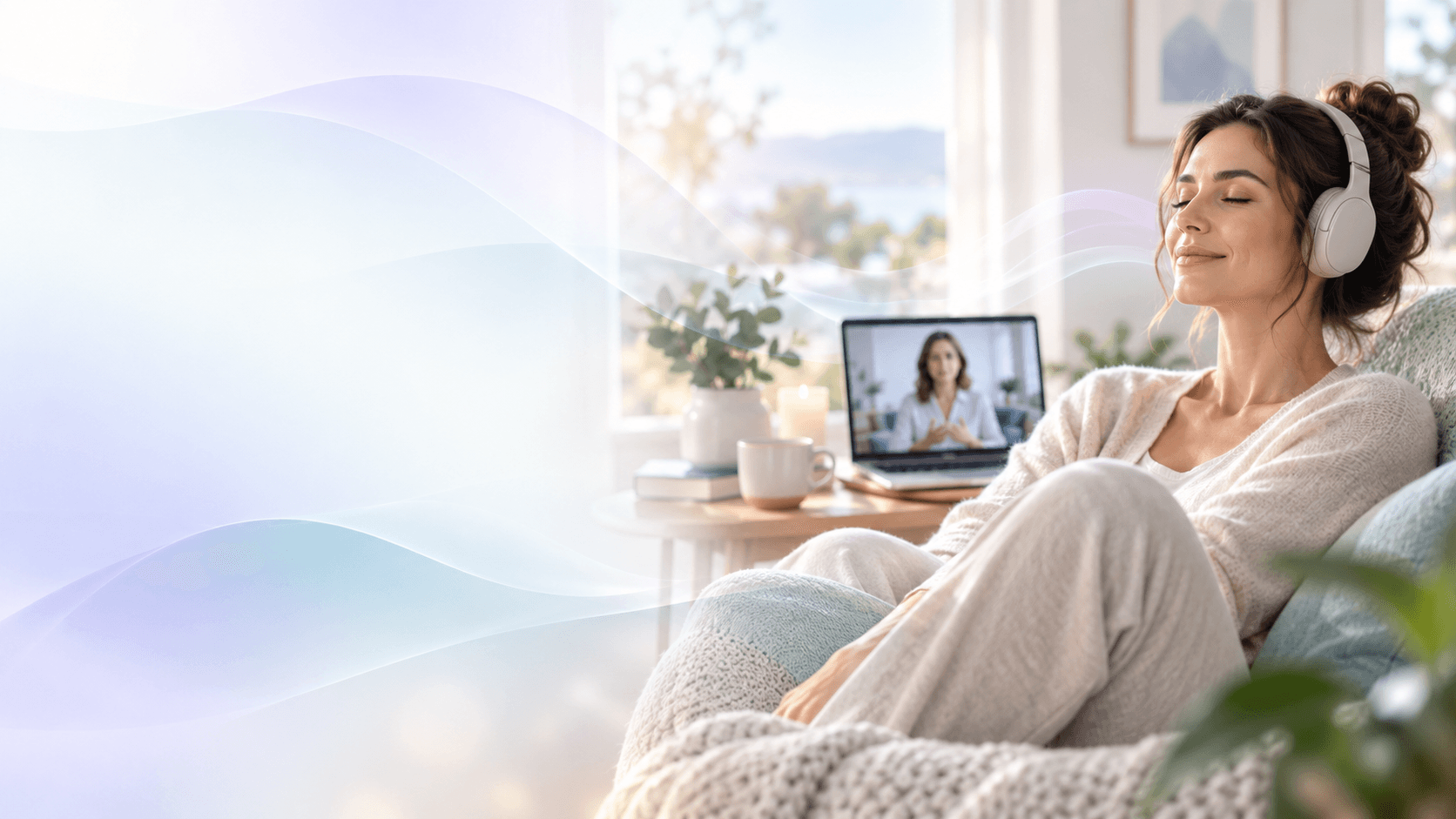 A client relaxing at home during a video hypnotherapy session